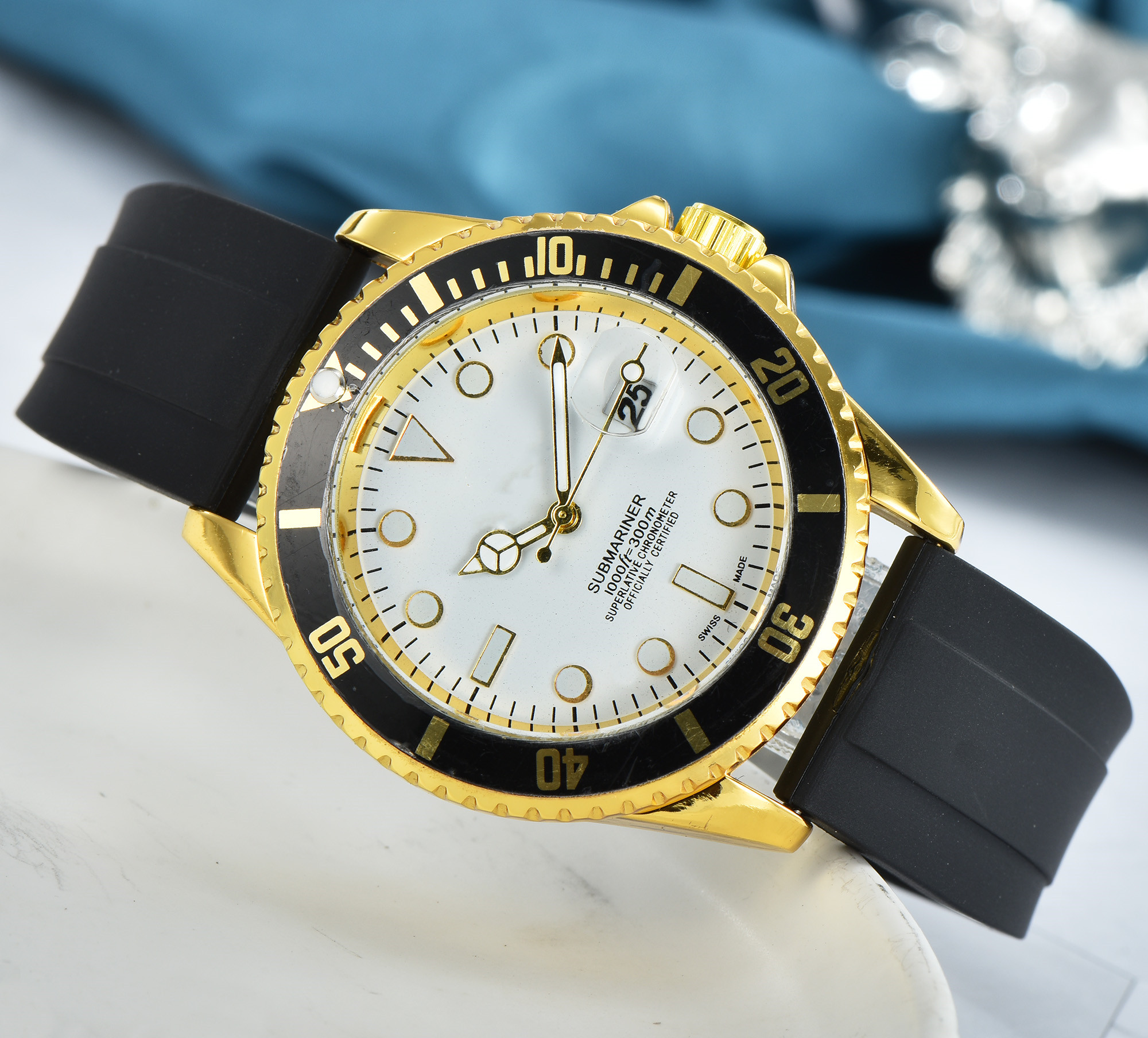 

Wristwatch, master design, men's sports, ceramic watch ring, rose gold stainless steel case, rubber strap, folding buckle, wholesale and retail
