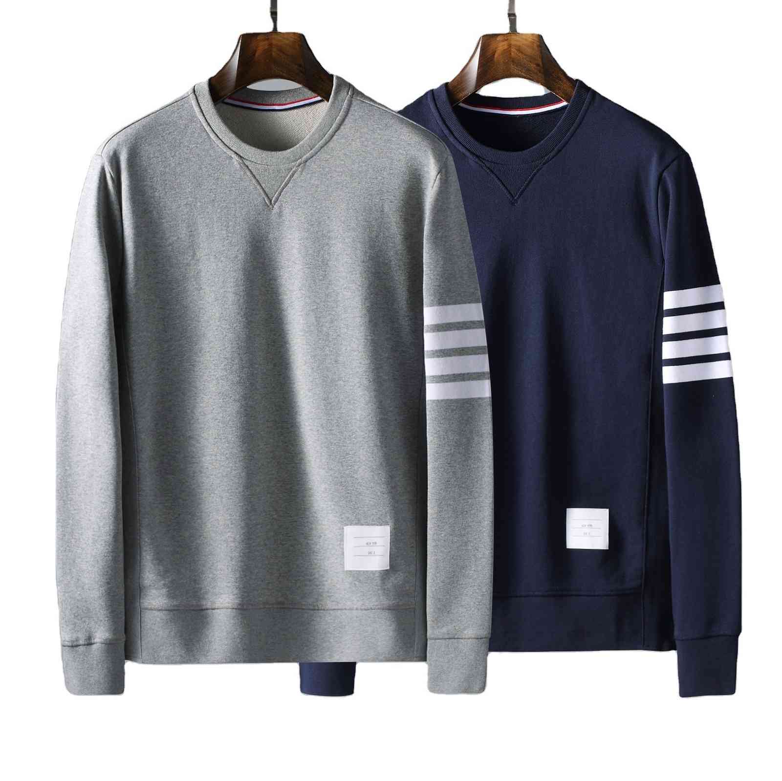 

Tb Brand Thom Striped Sweater Men Casual Cotton Sweatershirt Pullover Classic High Quality Long Sleeve Top, Gray