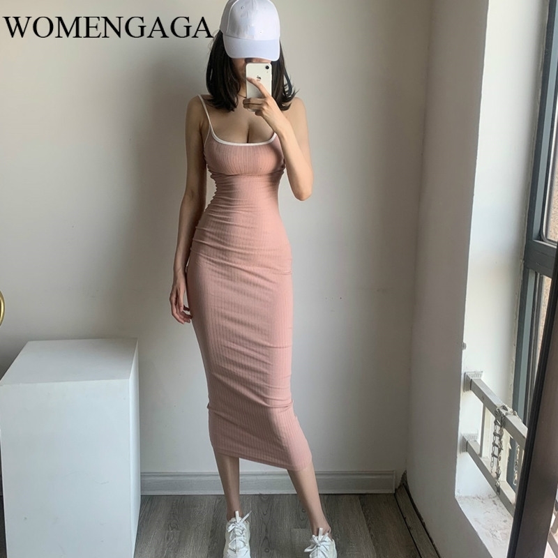 

WOMENGAGA Winter Base Solid Color Tight Elastic Stitching Low Chest Sexy Holiday Slim Hip Show Thin Long Pencil Dresses Dress 4W 210603, Pink