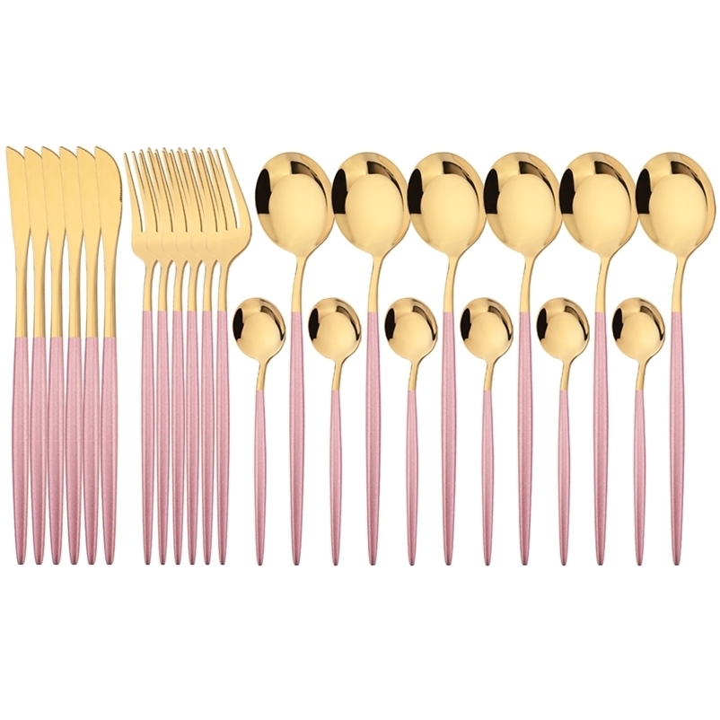 

24Pcs Pink Gold Dinnerware Set Stainless Steel Cutlery Knives Forks Tea Spoons Dinner Kitchen Tableware Silverware 220228, 24pcs gold