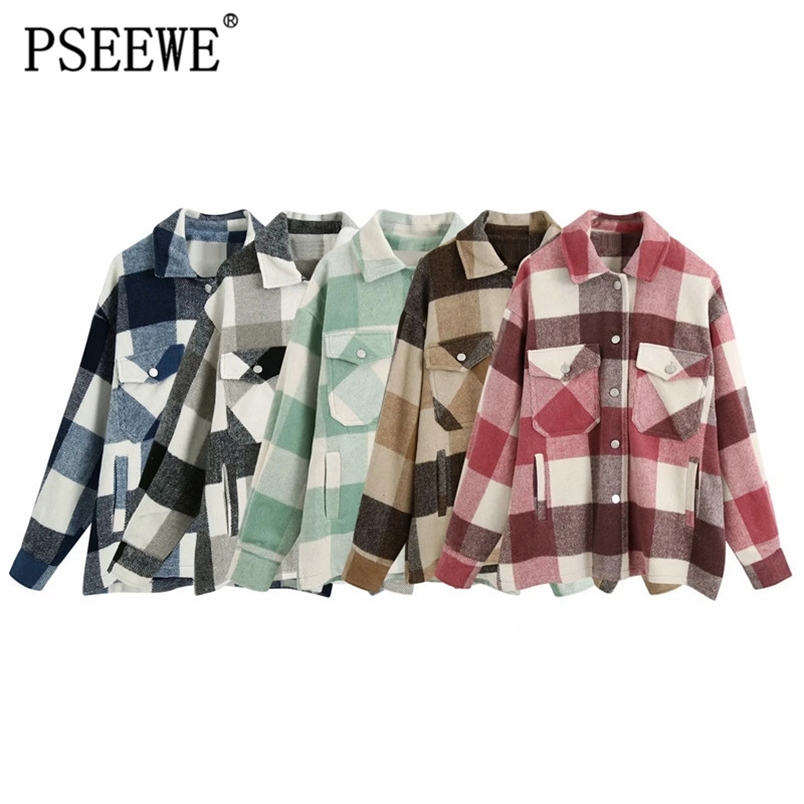 

Veste Women Vintage Oversize Plaid Tweed Jacket Coat Stylish Pocket Lapel Collar Long Sleeves Multicolor Loose Outerwear 210519, A5
