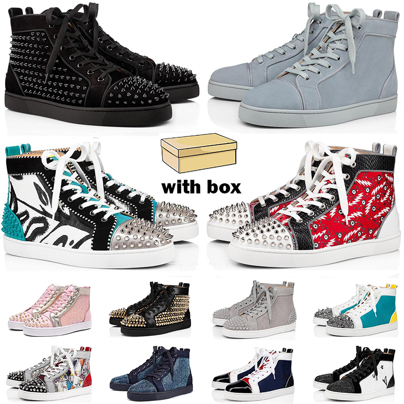 

red bottoms sneakers men women designer shoes high top Black White blue Glitter Grey leather suede mens fashion spikes casual trainers with box, #8