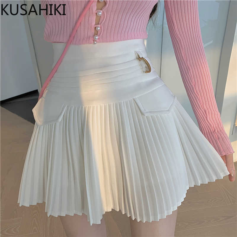 

Woman Skirts Korean High Waist Pleated A-line Mini Skirt Causal Summer Fashion Faldas Mujer Moda 6G784 210603, White