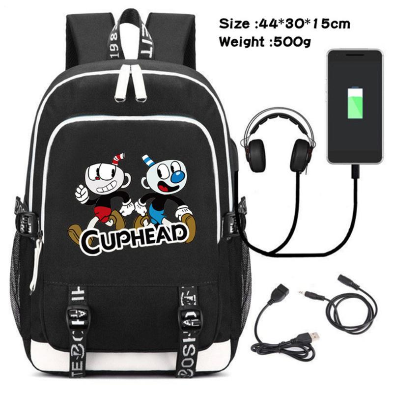 

Backpack Game Cuphead Mugman Teenager USB Charging Headphone Canvas Travel Laptop Bag Student Cartoon Schoolbag Zipper Rucksack