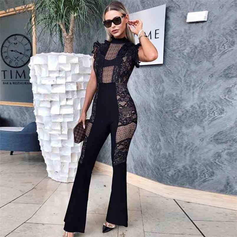 

Winter Jumpsuit Female Black High Collar Bandage Sexy Sleeveless Lace Rayon 210525, Beige