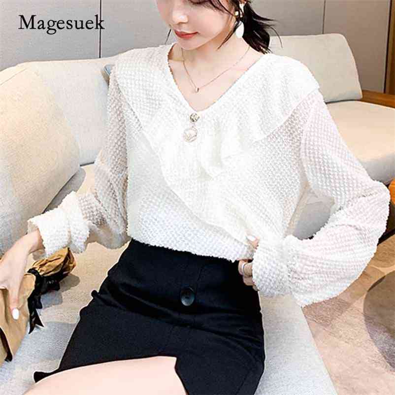 

Autumn Sweet V-neck Chiffon Women' Blouse Long Sleeve Ruffles Tops Flare Solid Ladies Shirt Mujer Blusas 10663 210518, Blue