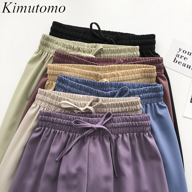 

Kimutomo Solid Color Casual Pants Spring Summer Wome Korean High Elastic Waist Lace Up Ins Loose Wide-leg Pants Fashion 210521, Blue