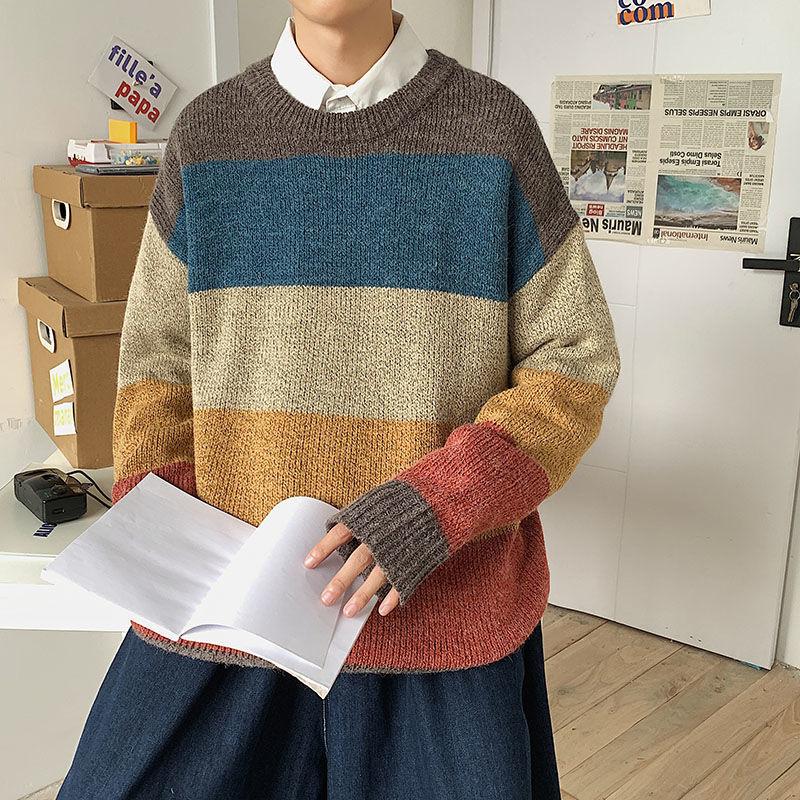 

Men's Sweaters Winter Thick Sweater Oversize Hit Color Big Stripes Loose Trend Top Round Neck Long Sleeve Knitted Pullover Male Clothing, White;black