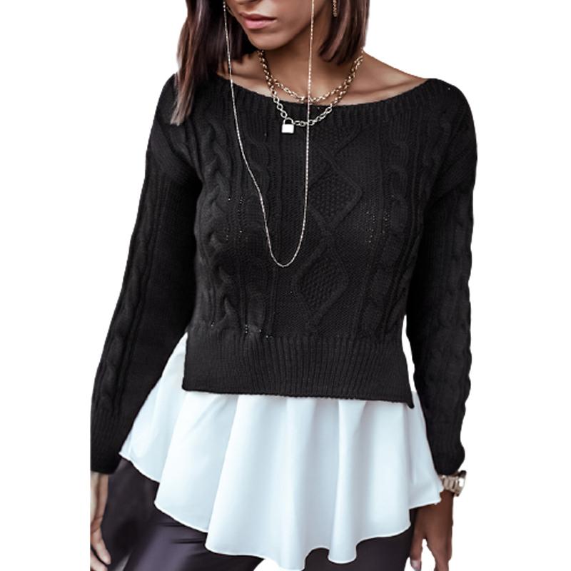 

Women Winter Elegant Ruffles Patchwork Long Sleeve Knitted Sweater Ladies Casual Slim O Neck Harajuku Pullover Tops SJ7350M Women' Sweaters, Black