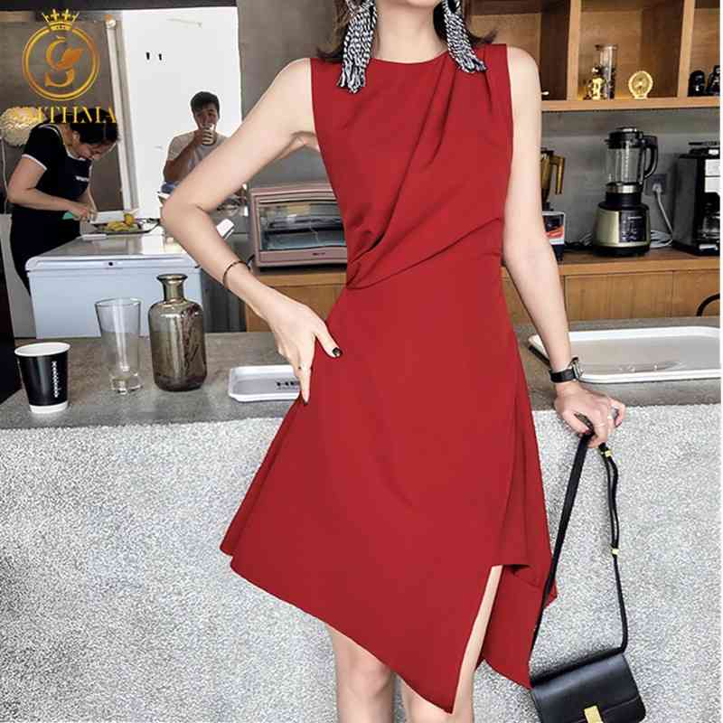 

Fashion Summer Women Solid Color Elegant Dress Vestidos Sleeveless Ruffled Irregular Red Dresses 210520, Photo color