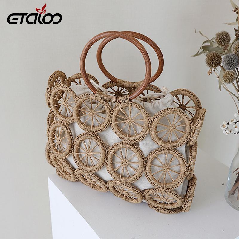 

Travel Fashion Rattan Hollow Straw Bags Wicker Woven Women Handmade Handbags Summer Beach Shoulder Casual Lady, Beige
