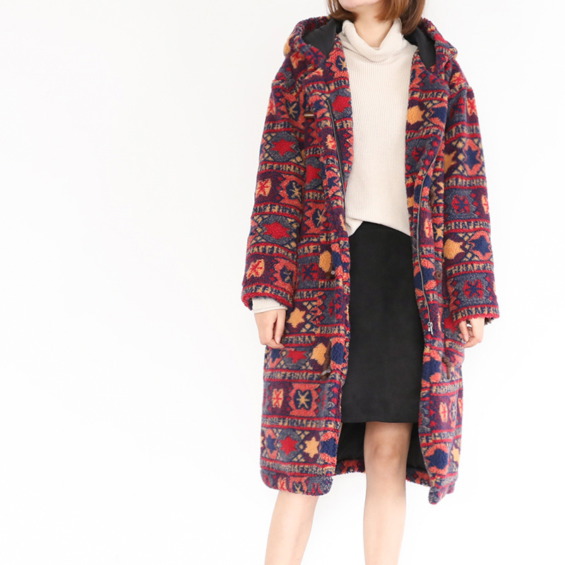 

Johnature Chinese Style Women Hooded Parkas Print Floral Winter Zipper Pockets Warm Coats Vintage Women Loose Parkas 210521, Red