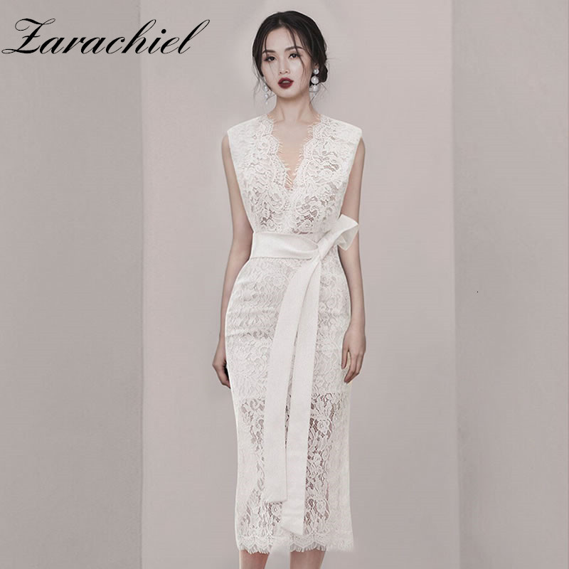 dresses Sexy Black White Crochet Lace Party Women's Sleeveless V-neck Slim Waist Midi Female Office Bodycon With Belt-image-676093709