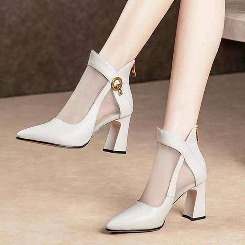 

Dress Shoes 2022 Women's Pointed High Heels Zipper Mesh Single Autumn Fashion Thick Heel Sandals Women Summer, White