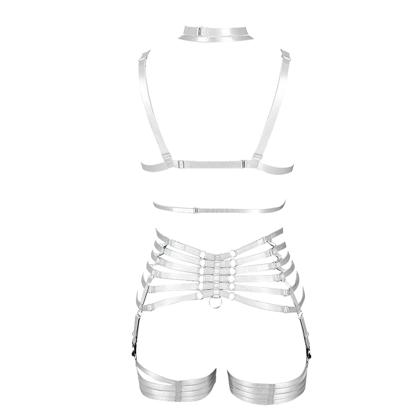 

White Harness Bra Elastic Adjust Plus Size Cage Bra Full Body Bondage Strappy Garters Belt Sexy Lingerie Set Gothic Rave Wear, Black;white