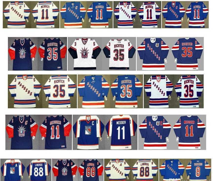 

Vintage New York Rangers Jerseys 35 Mike Richter 11 Mark Messier 88 Eric Lindros 8 Steve Vickers Blue White CCM Custom Hockey Jerseys, Colour 1