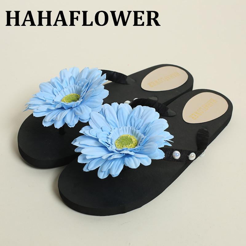 

Slippers HAHAFLOWER Beautiful Flip Flops Flat Heel Home Handmade Black Fancy Shoes Women Hawaiian Sandals Walking 35-44