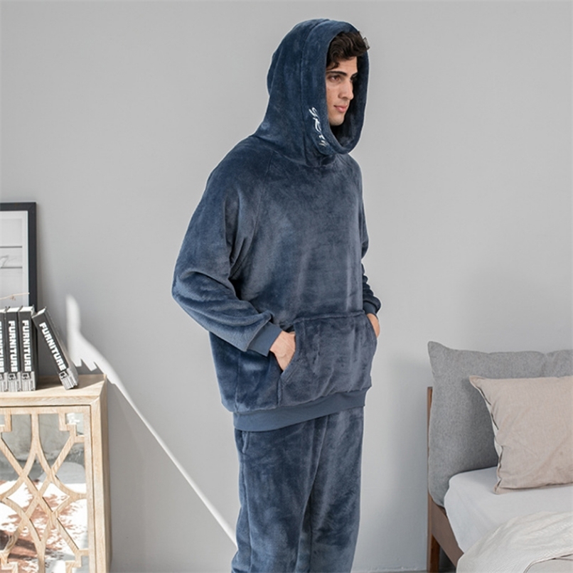

Flannel Men Pajamas Set Thicken Warm Man Winter Pajama Loosen Sweatshirt Hoodies Long Sleeve Pyjamas Soft Homewear Lounge Wear 211110, Navy