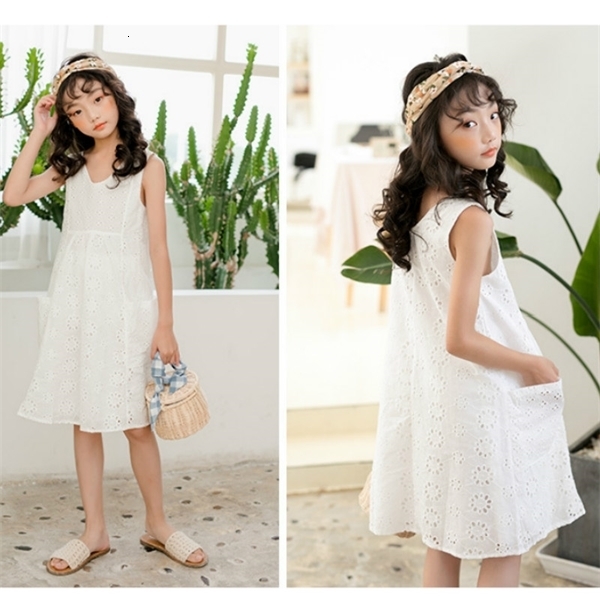 

Girl's Dresses  to 16 Years Kids and Teen Cute Hollow Out Summer V-neck Princess Dress Baby Girls Cotton Casual Dress, #8672 0922, White