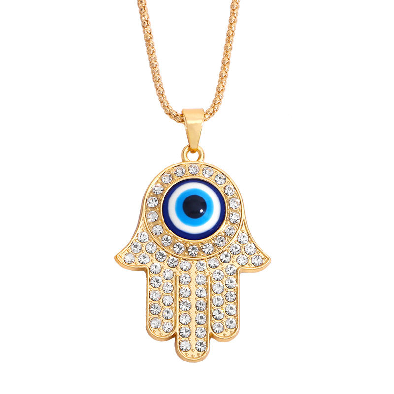 

2021 Fatima Hand Pendant Necklace for Women Turkey Evil Blue Eyes Crystal Sweater Chain Alloy Gold Plated Necklaces Jewelry
