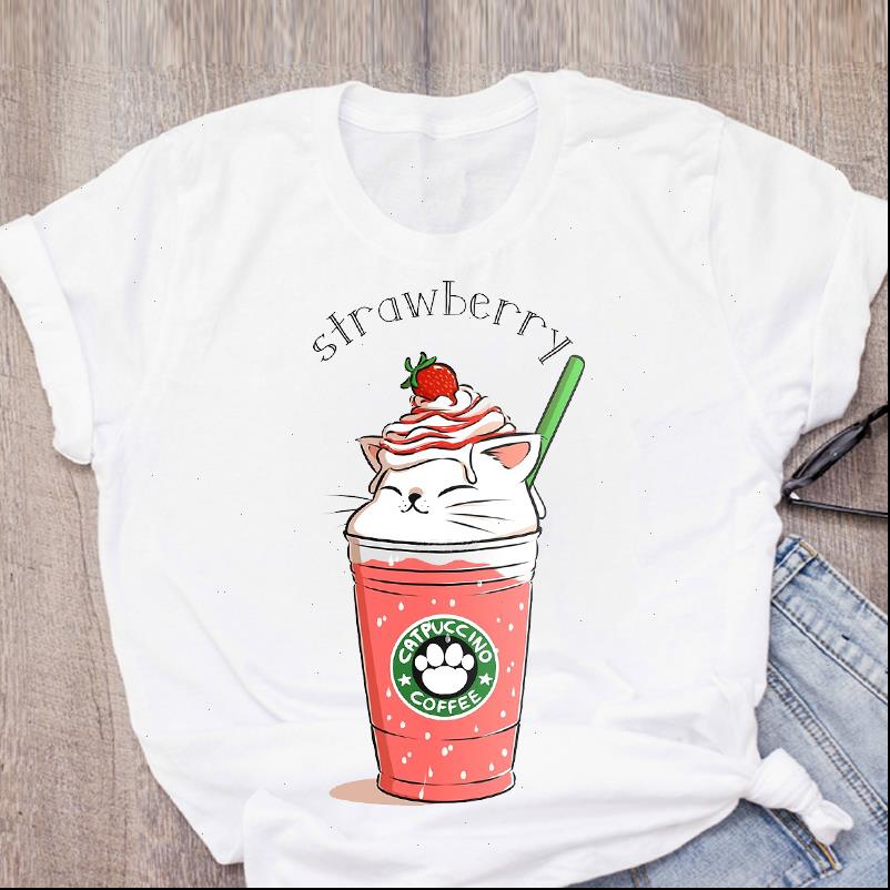 

womens women cat coffee paw strawberry cute cartoon short sleeve summer lady t shirt clothing tees female, White
