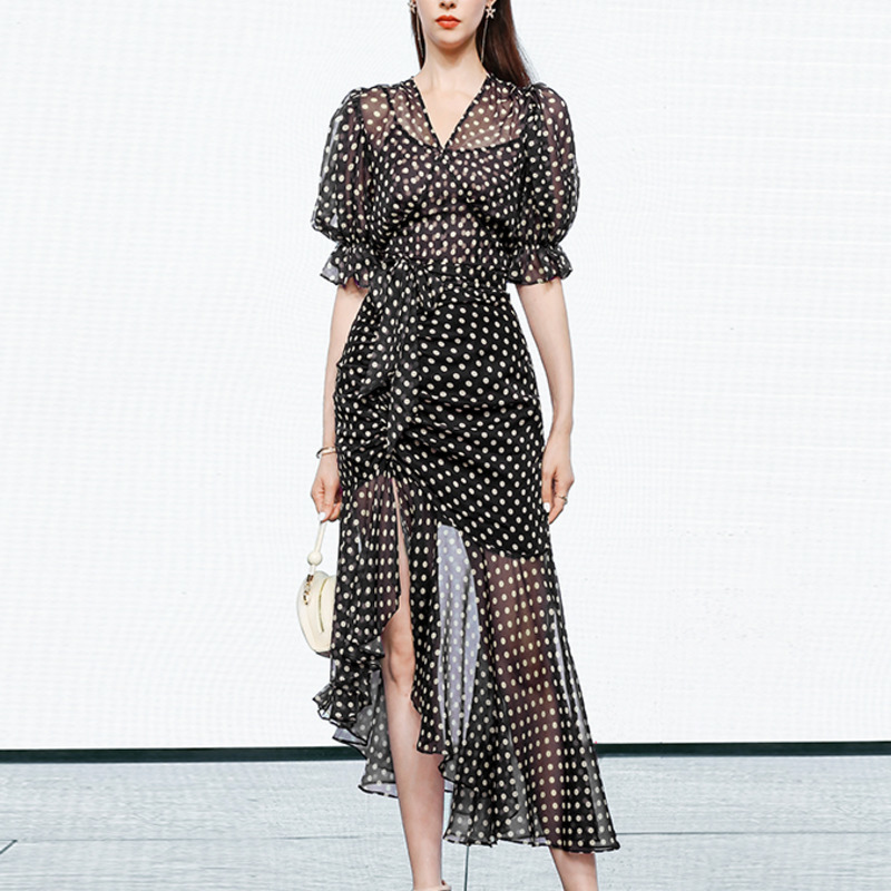 Casual Dresses Runway Summer Polka Dot Chiffon Women Clothing Short Sleeve V-Neck Boho Beach Holiday Long es Vestidos ED0V-image-706923046