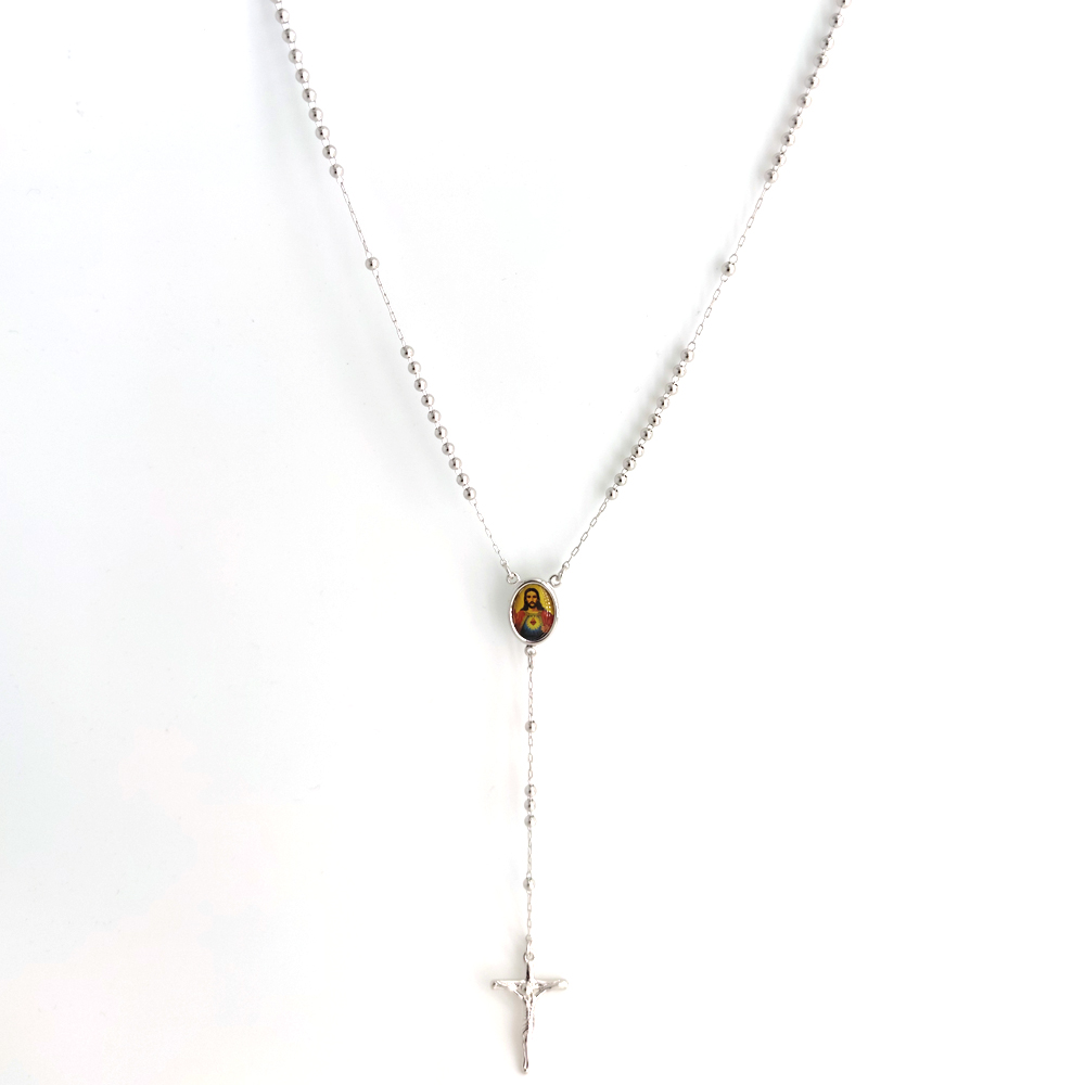 Loyal Cool 18 kt Fine Solid White Gold Pendant Cross Crucifix Jesus Head Rosary Beads Chain Necklace 24" + 10 CM long-image-674554988