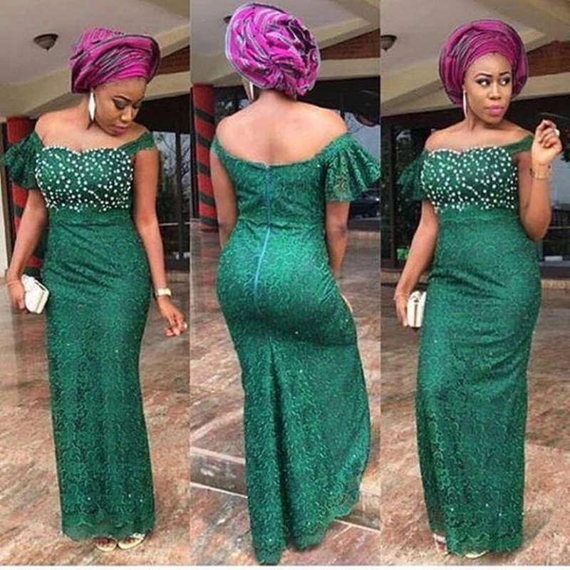 

Emerald Green Elegant South African Prom Bridesmaid Dresses Off the shoulder with Sleeves Pearls Long Applique Lace Party Pageant Evening Formal Gowns, Gold