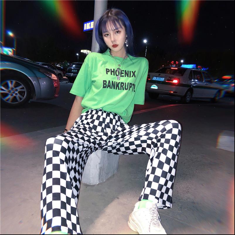 

korea womens pants bf street hip hop plaid fun female personality large size vintage checkerboard print couple full, Black;white