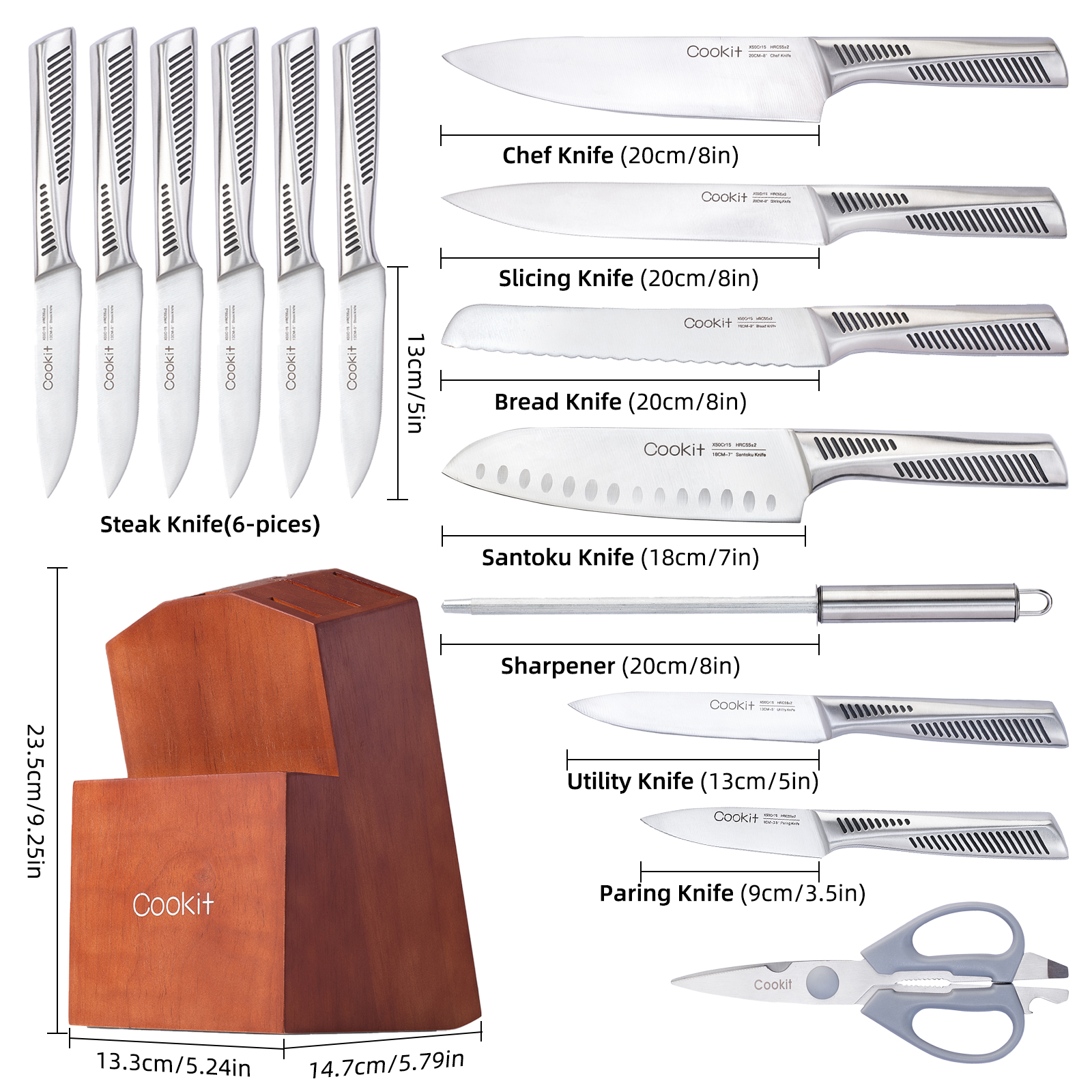

Kitchen Knife Set, 15 Pieces Stainless-Steel Hollow Handle German Serrated Steak with Block Knives Sets, w/Manual Sharpener