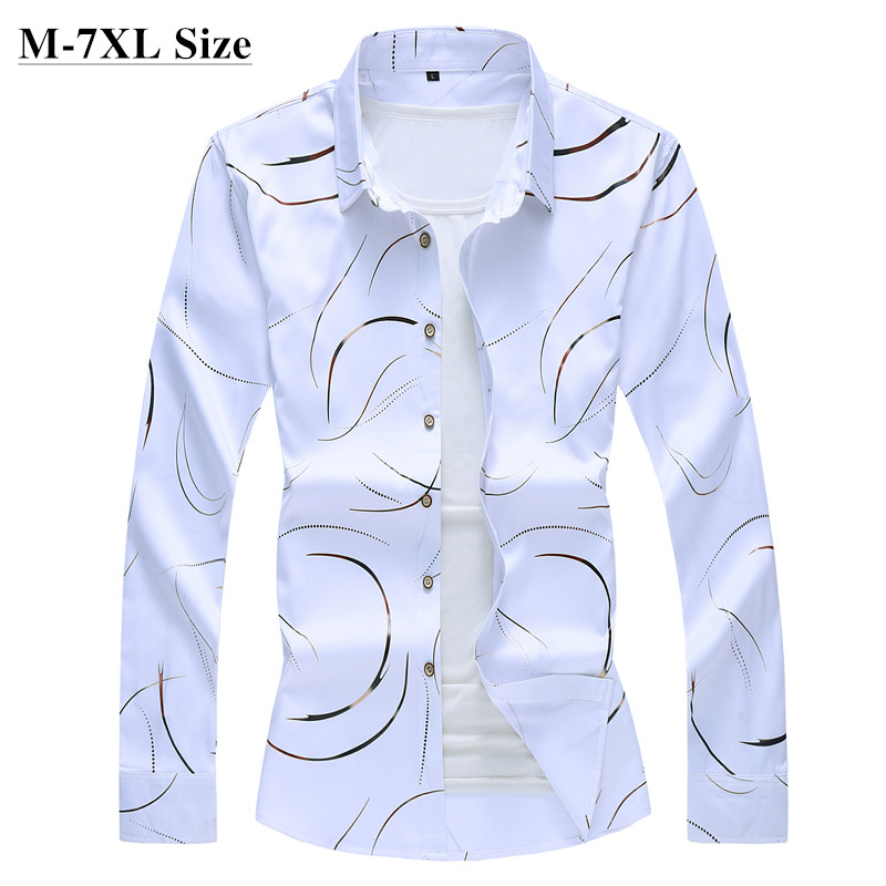 

2021 Autumn New Mens Printed Shirt Fashion Casual White Long Sleeve Shirt Male Brand Clothes Plus Size 5XL 6XL 7XL, 6308navy
