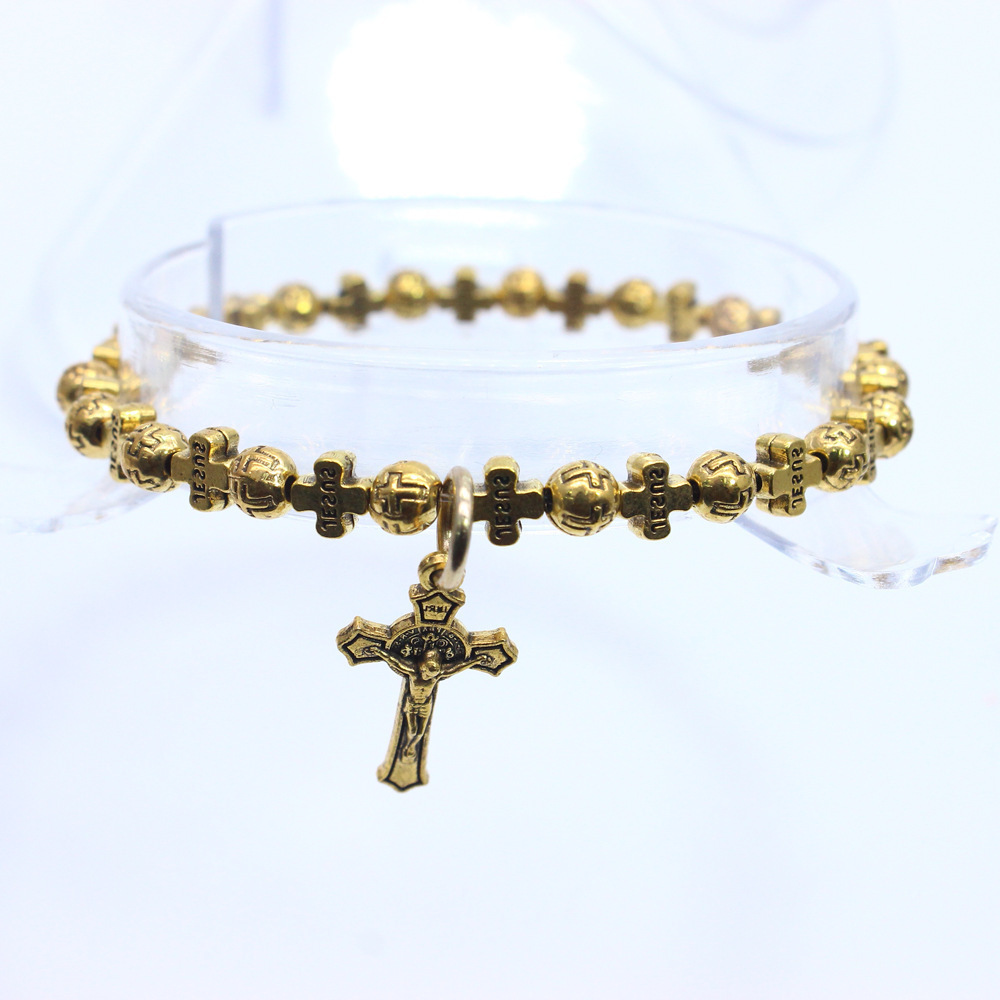 

Pulseras de Rosario con cuentas redondas y cruzadas de aleación, Cruz religiosa cristiana, joyería hecha a mano