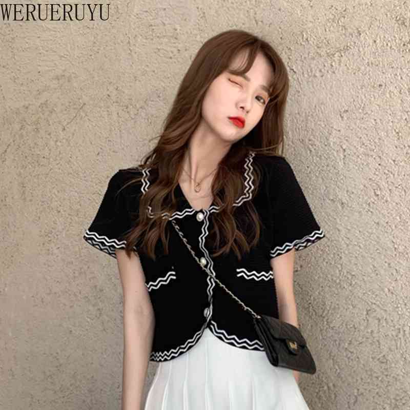 

WERUERUYUsimple Black Knitted Crop Tops Women Street Casual Short Sleeve Tees Summer Fashion Ladies Harajuku T-shirts 210608, Photo color