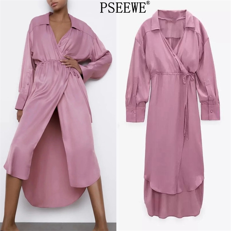 

Dress Satin Long Women Elegant Spring Sleeve Tied Wrap Woman Irregular Hem Casual es 210519, Pink