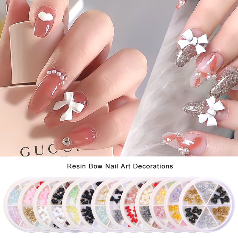 

1 Wheel Mix Colors Aurora Resin Bows Nail Art Decorations Semi Transparent Fairy Bow Skirt Lace Crystal Charm Manicure Accessoires, Silver;gold