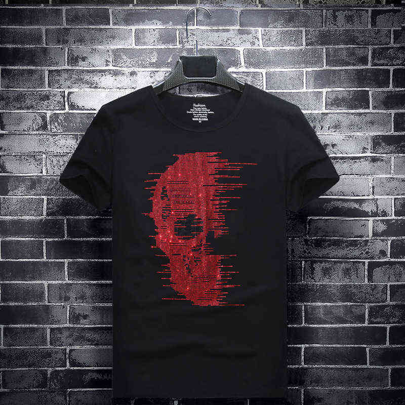 

Plus Size 2021 Red Skull Rhinestones T Shirts Men Short Sleeve Fashion Streetwear O Neck Modal Cotton Tshirts Calaveras Camiseta G1115, White