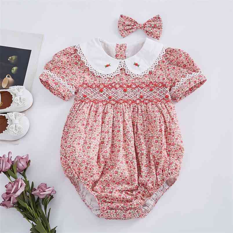 

2PCS Baby Smock Floral Romper Girl Handmade Embroidered Jumpsuit Toddler Smocked Clothes Infant Birthday Rompers with Hairpin 210816, B only romper