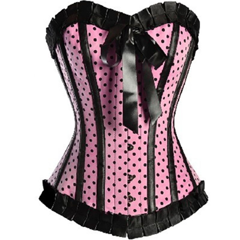 

Woman Bustiers Pink Satin Polka Dot Burlesque Corset Sexy Front Buckle Overbust Lace Up Boned Corselet Women Slimming Waist Vintage Bustier, As shown