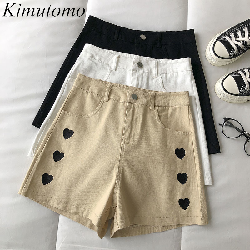 

Kimutomo Heart Embroidery Casual Shorts Women Summer Korean Hong Kong Style Slim High Waist Wide Leg Shorts Casual 210521, White