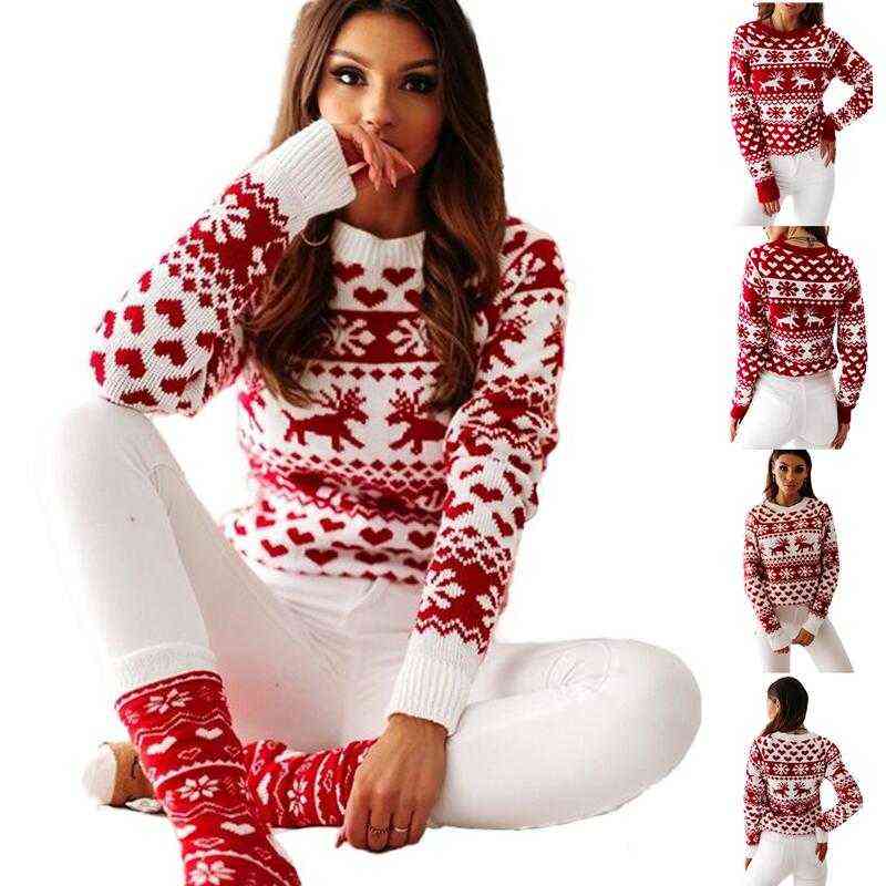 

2022 NEW Winter Women's Christmas Printed Jumper Loose Sweater Ladies Winter Knitted Pullover Y1110, Red