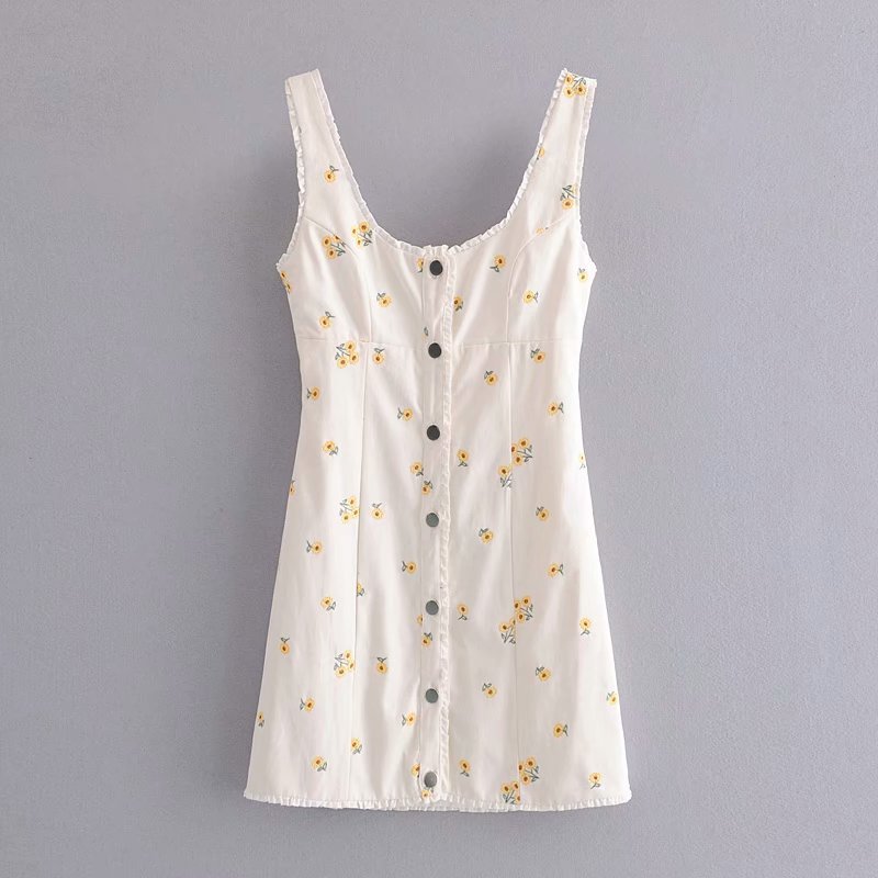 

Vintage Sweet Floral Button-up Mini Dress Women Sexy Fashion Square Collar Straps Dresses Casual Girls Chic Outfits 210520, As pic