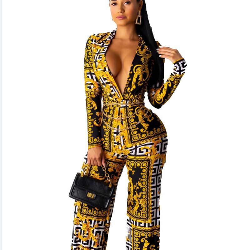 

2021 popular vintage print lady jumpsuits full sleeve sexy deep v-neck rompers wide leg pants vintage fashion jumpsuits, Yellow