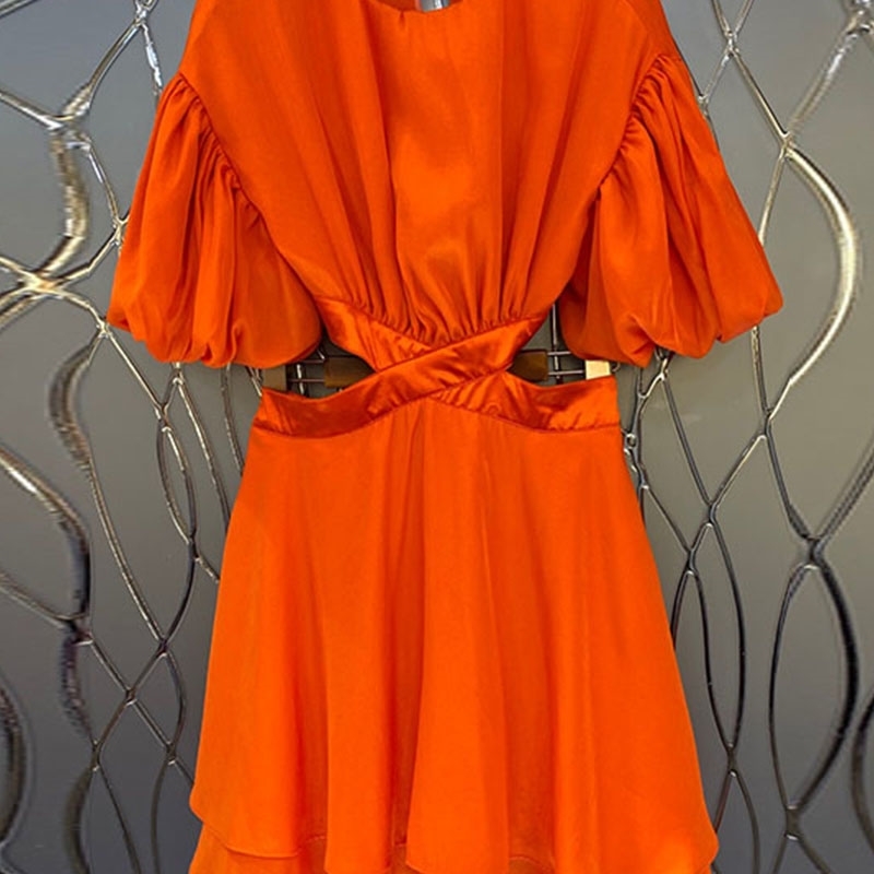 

Truevoker Summer European High Street Designer Dress Woman Puff Sleeve Orange Casual Hollow Out Lace Up Festa Vestidos 210602