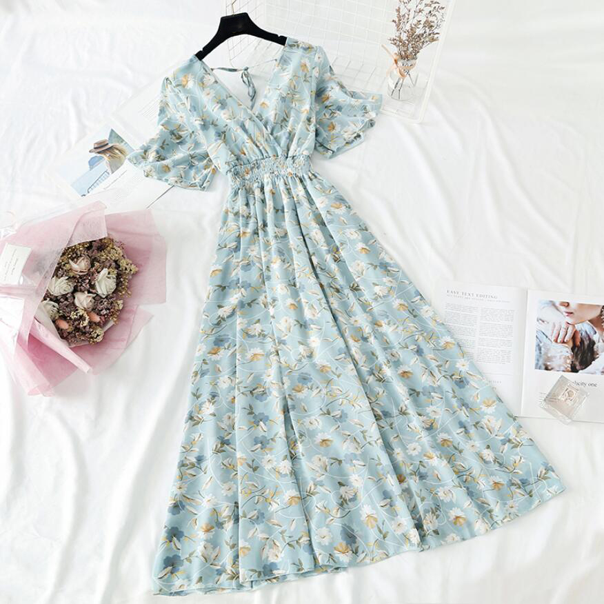 

Summer Women Ruffled Short-sleeved Chiffon Dress V-neck High Waist Floral Print Beach Midi Dresses Backless Sexy Vestidos, Flowers 1