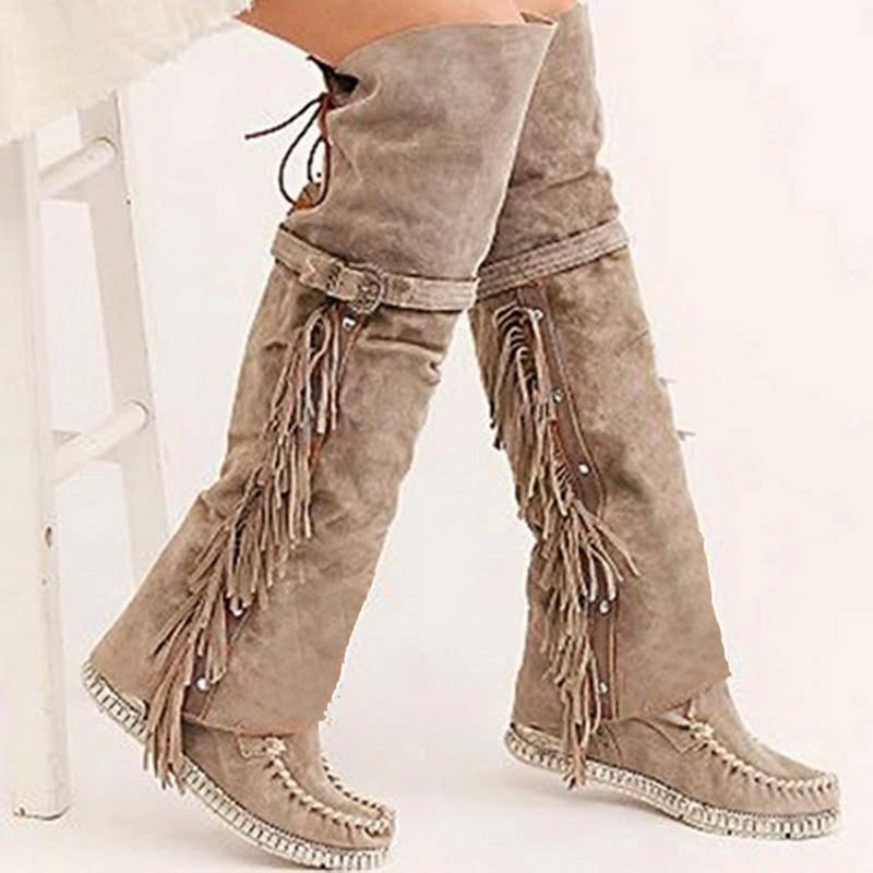 

Boots 2021 Fashion Bohemian Boho Knee High Ethnic Women Tassel Fringe Faux Suede Leather Hight Booties Girl Flat Long, Red