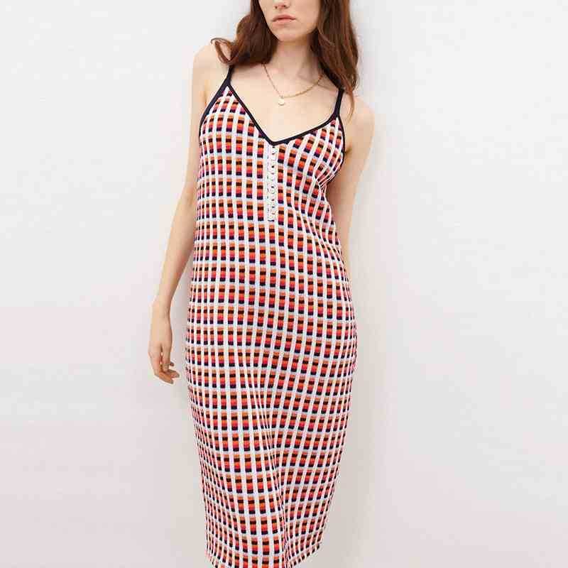 

Casual Women Knit Camis Dress Patchwork V neck Elegant Midi Bodycon Spaghetti Strap Party Lady WB1057 210603, Orange