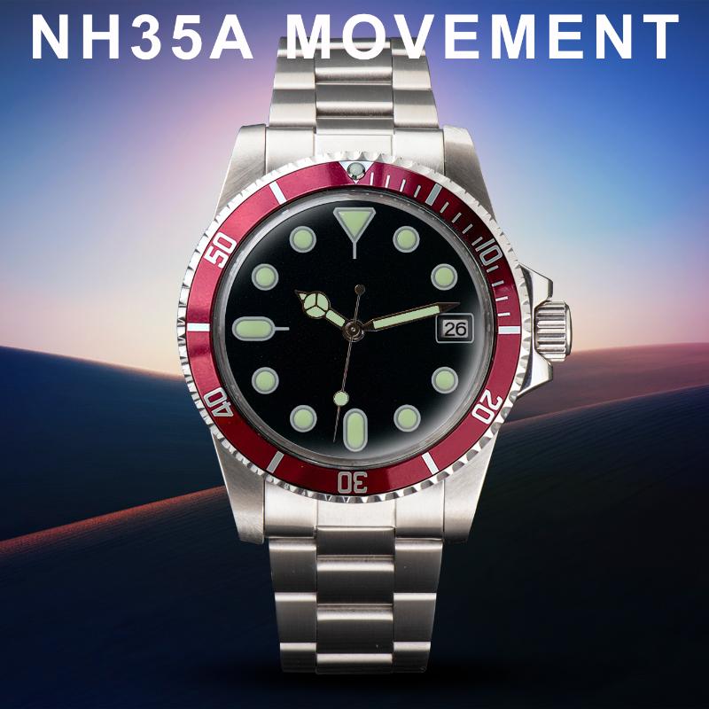 

Wristwatches 39.5mm Watch Mens 1960s Machinical Automatic NH35 Movement Japan Green Luminous Acrylic Glass Stainless Steel Case Custom Modif