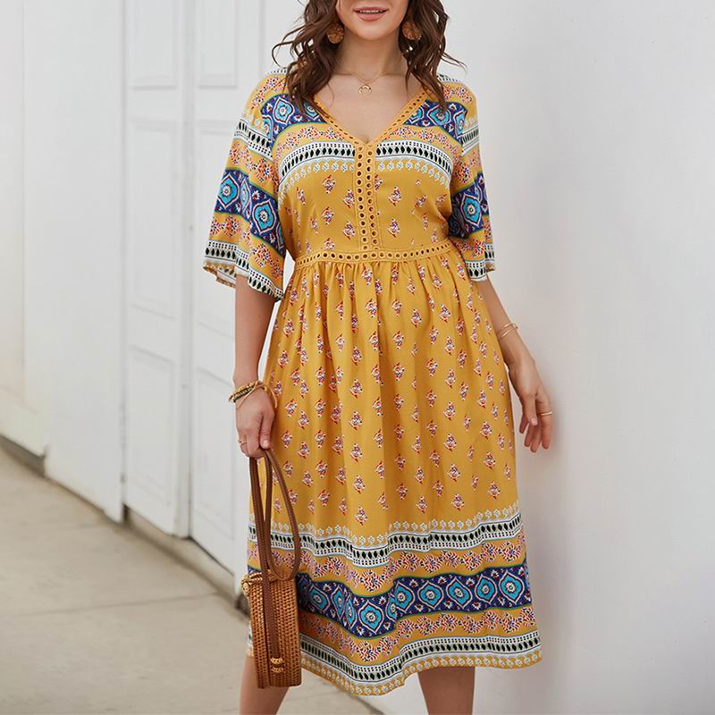 

Womens Summer Plus Size Clothing Sexy V-neck Printed Yellow Holiday Beach Casual Bohemian Dresses P2123043