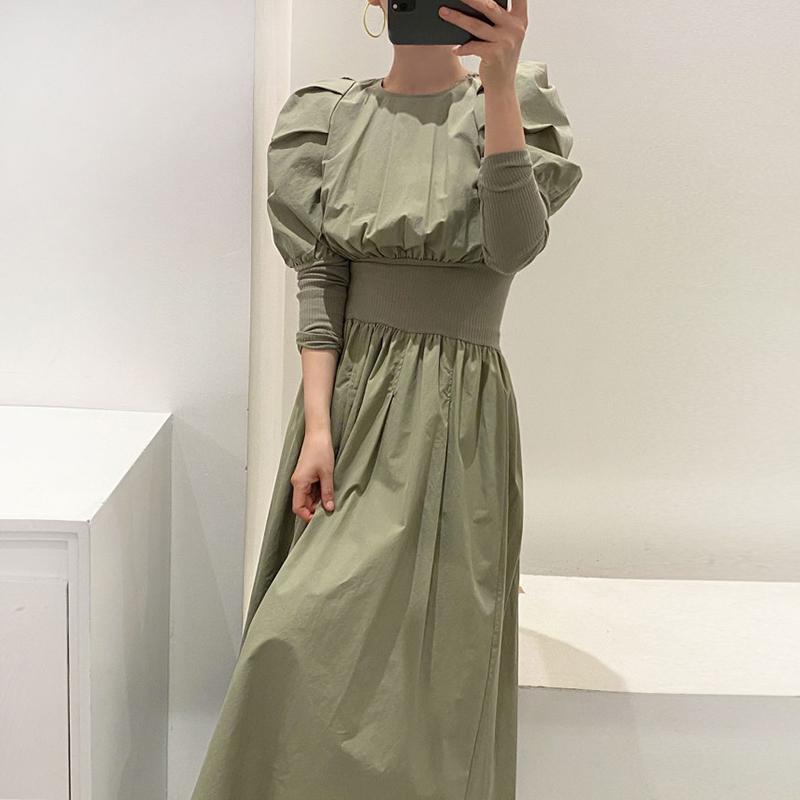 

Casual Dresses Vestido Mujer Korean Chic Autumn O Neck Puff Sleeve Dress Women Black Full Big Swing Fashion Retro High Waist Robe, Black;gray