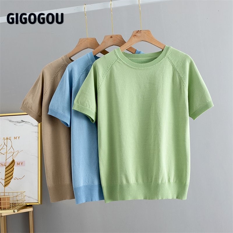 

GIGOGOU Solid Women T-Shirt Short Sleeve Korean Style Slim Basic Cotton Tshirt Top Womens Clothing Spring Summer T Shirt Femme 210708, Gray green t288